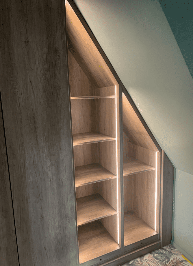 Custom-fitted angled shelving 