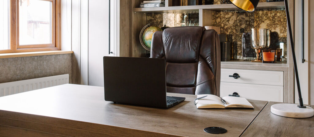 home office desk with shelving and drawers