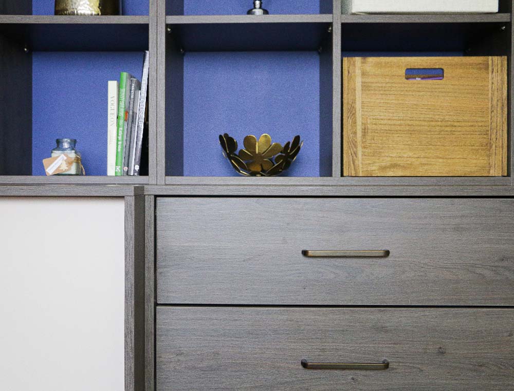 close up of living area drawers and shelving