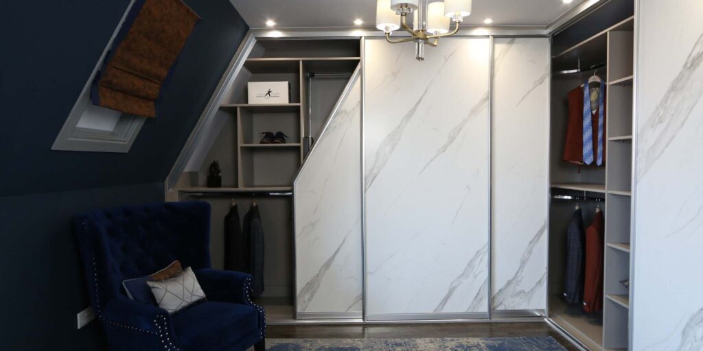 special finish angled sliding wardrobe with clothes