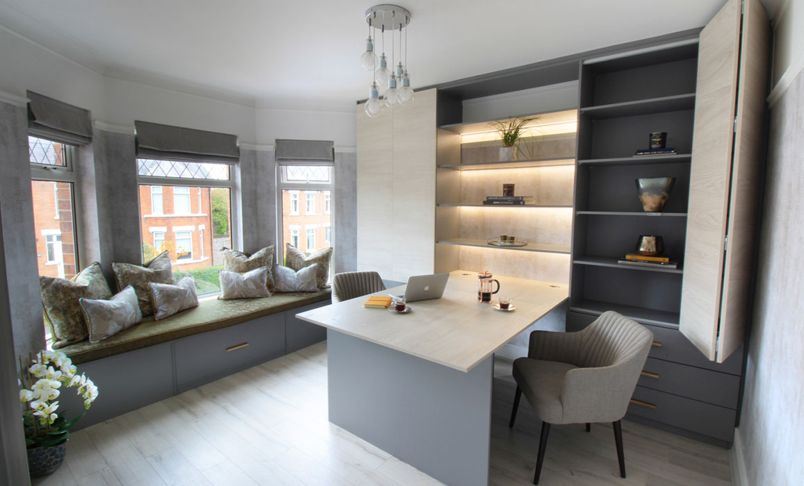 home office desk and unit with lighting