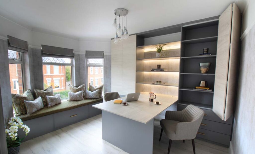 bifold wardrobe with home office desk in foreground