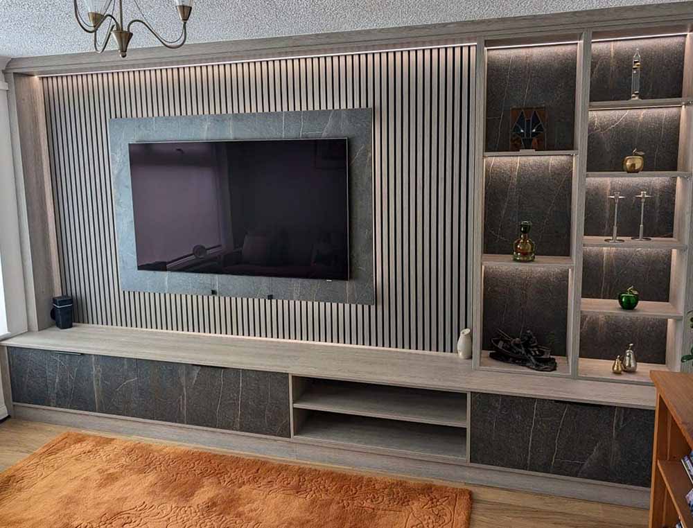 media wall with acoustic panelling and shelving