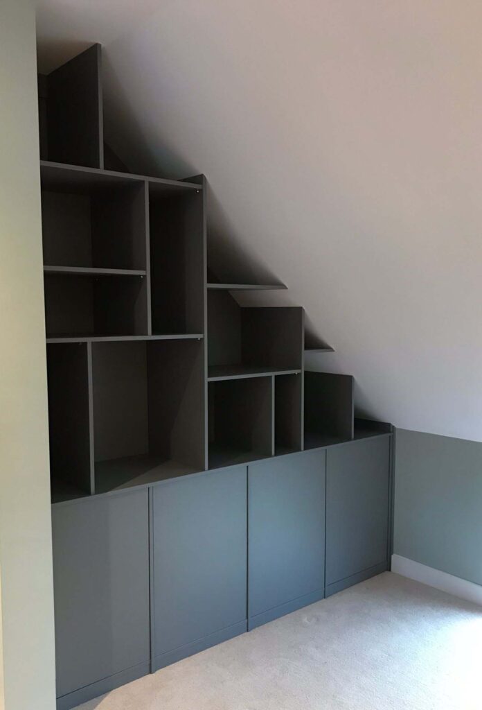 angled shelving with doors