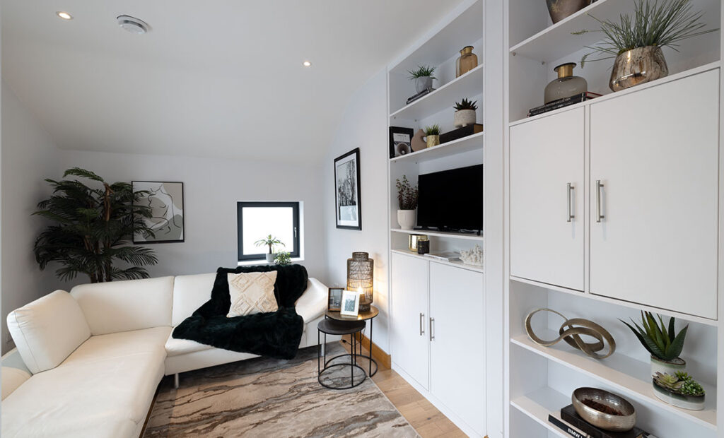 living area with doors and shelves